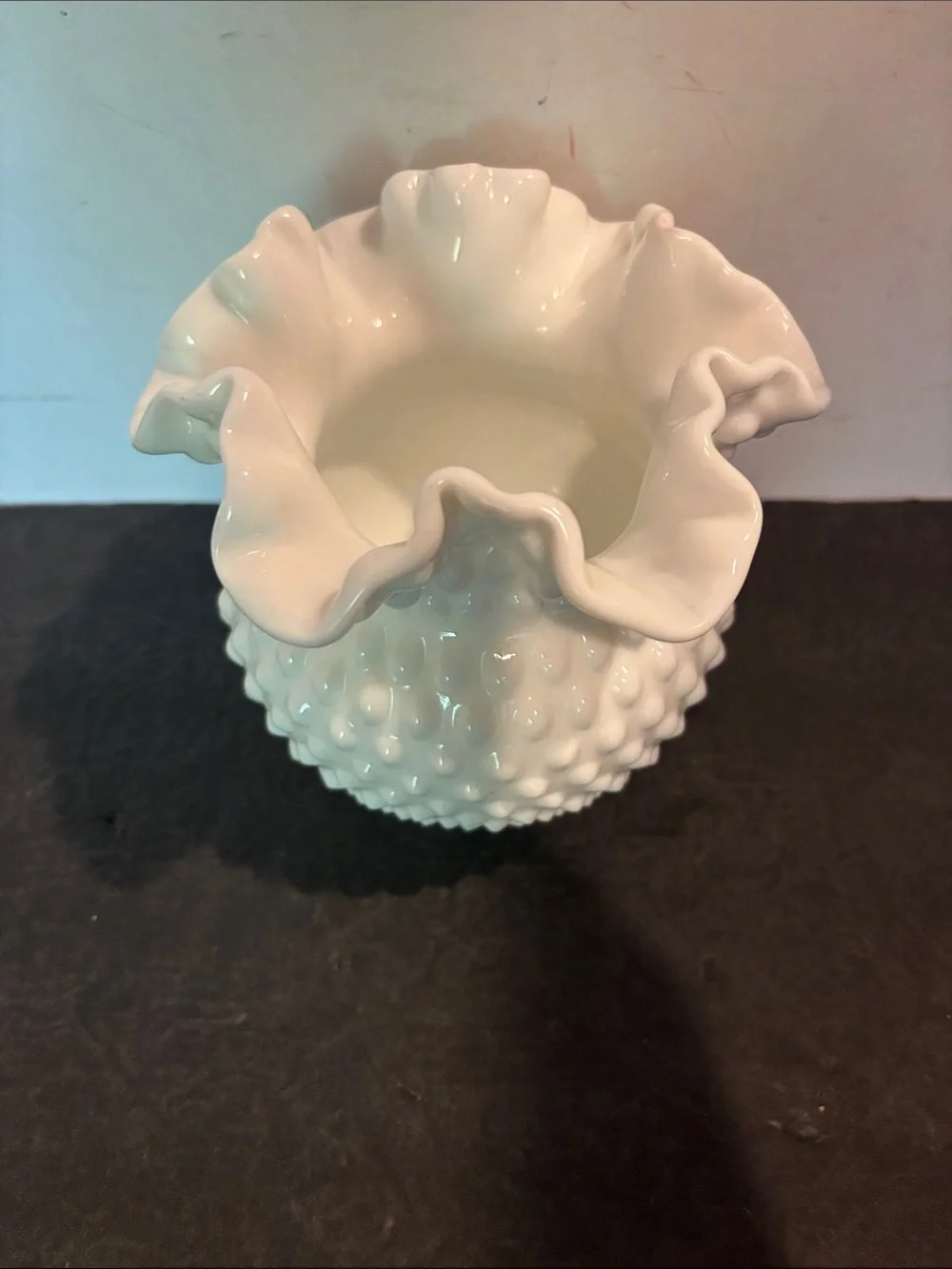 Fenton 3927 White Hobnail Double Crimp  Ruffled Milk Glass 6” Bowl